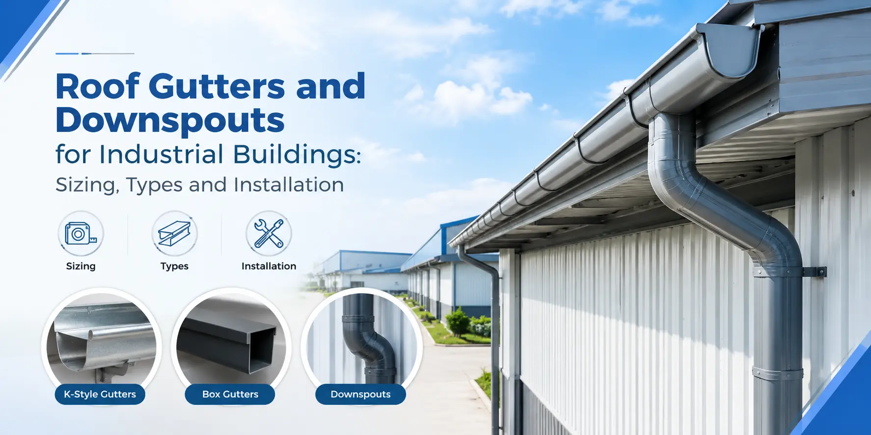 Roof Gutters and Downspouts for Industrial Buildings: Sizing, Types and Installation